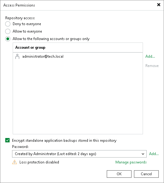 Access and Encryption Settings on Backup Repositories