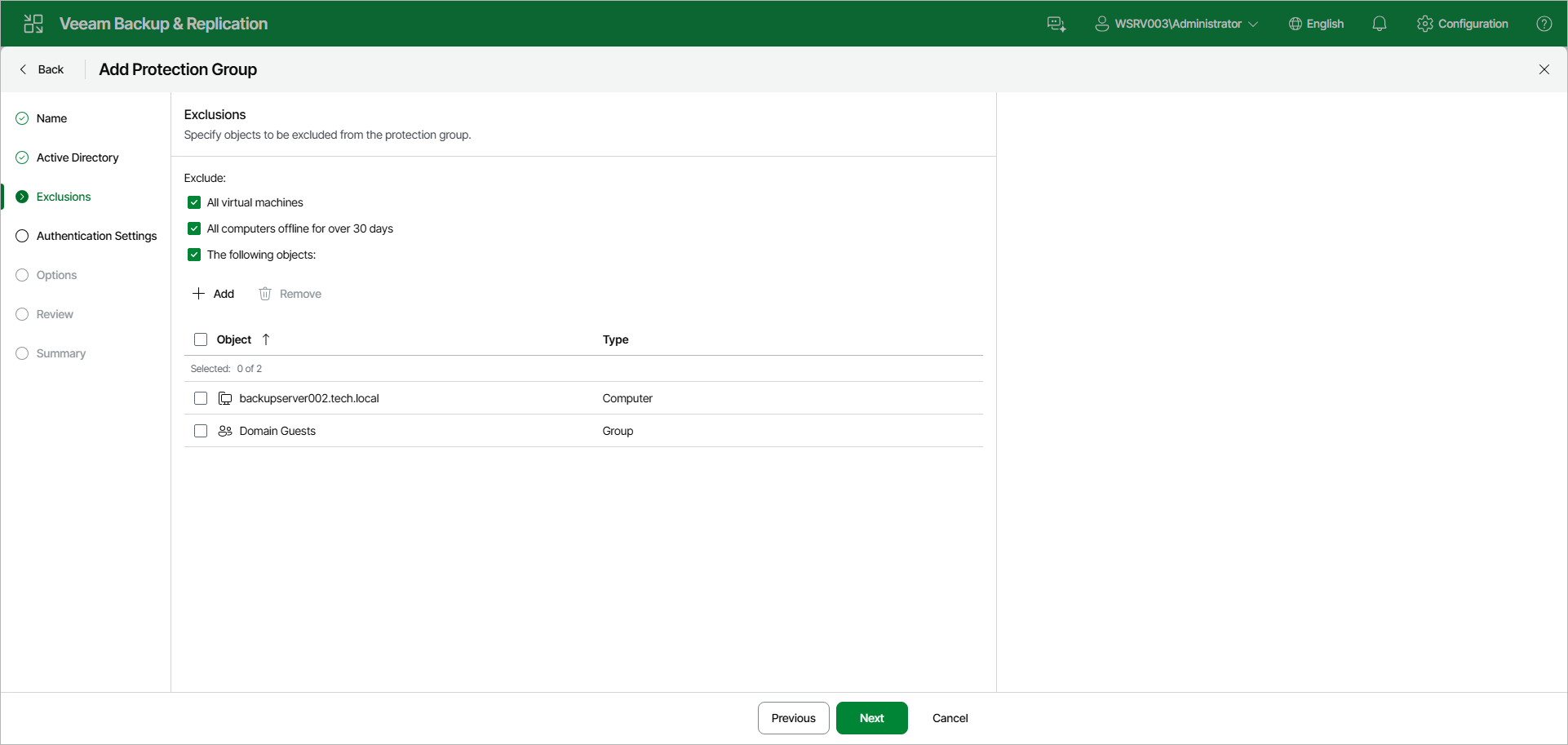 Exclude Objects from Protection Group