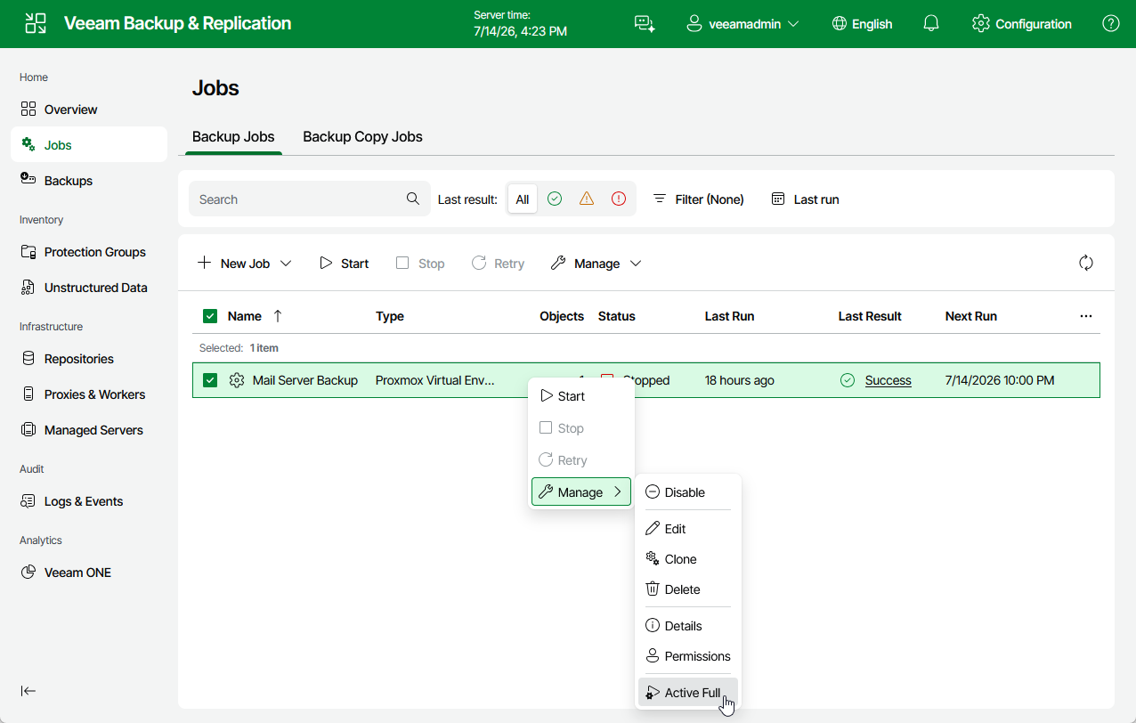 Creating Active Full Backup