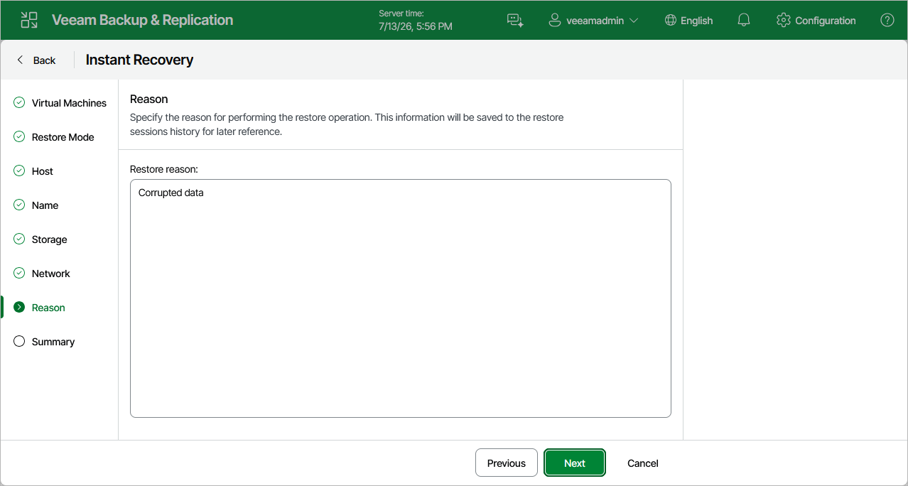Step 8. Specify Restore Reason