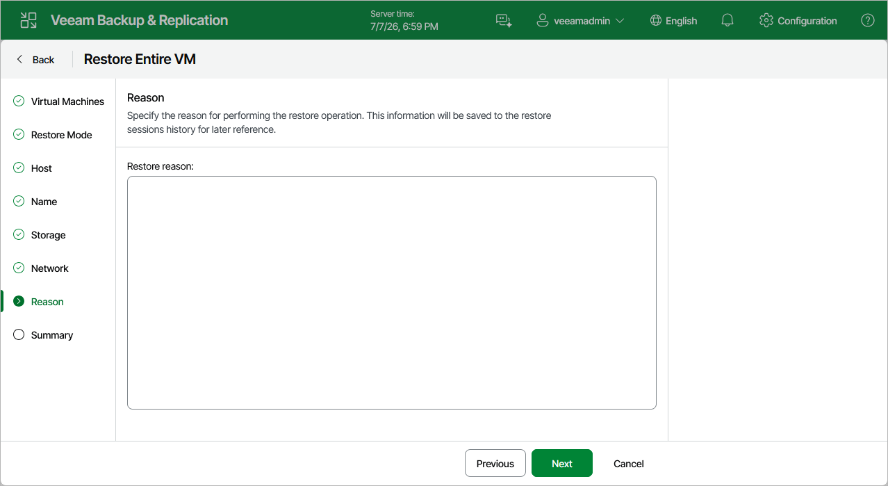 Step 8. Specify Restore Reason