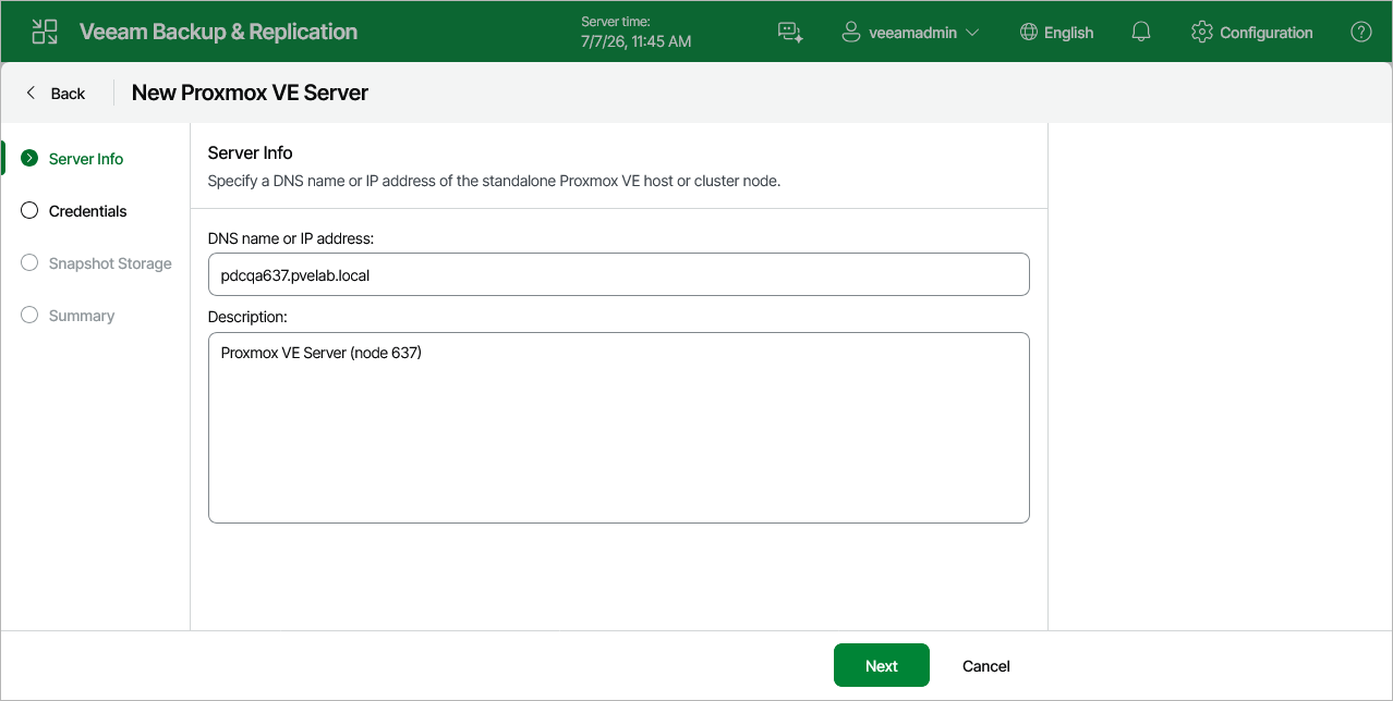 Step 2. Specify Domain Name or IP Address of Proxmox VE server
