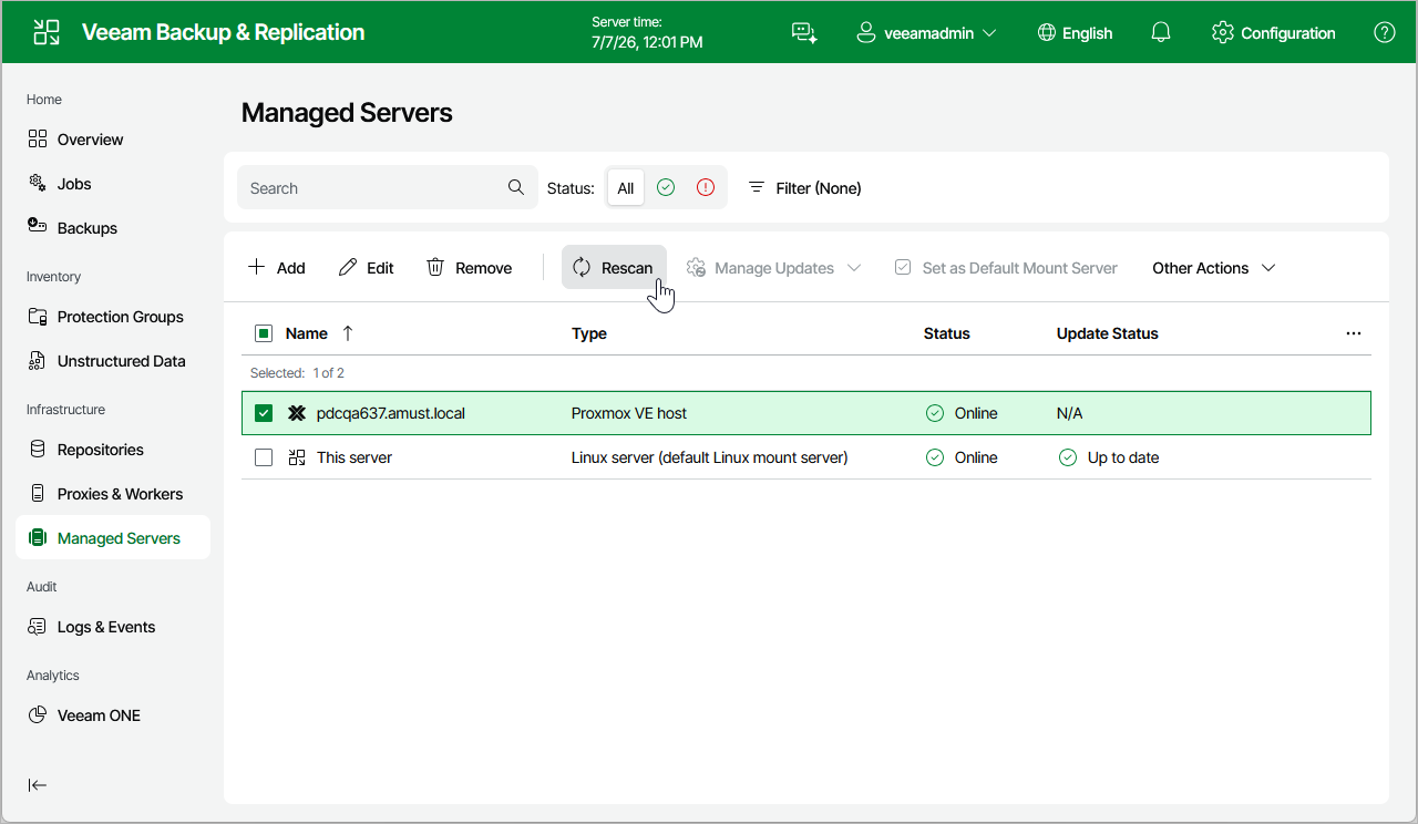 Rescanning Proxmox VE Server