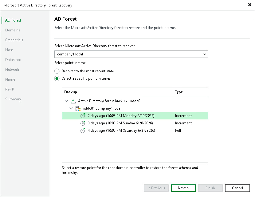 Specifying the Forest and Restore Point Step 2. Specify Forest and Point in Time