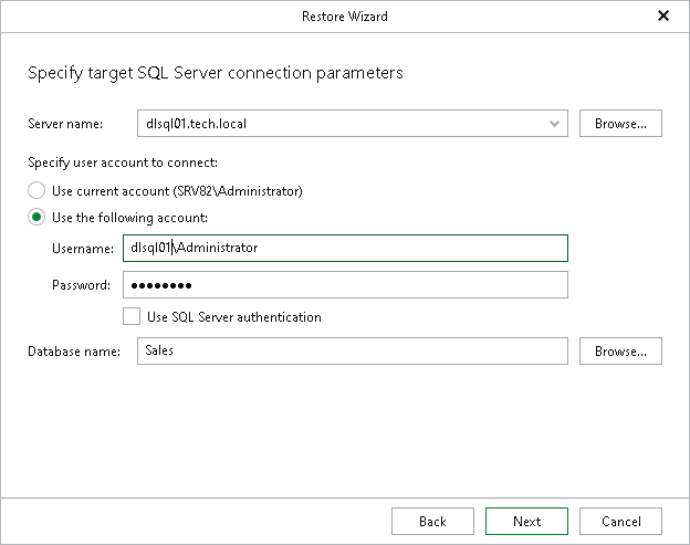 Specifying Target SQL Server Settings