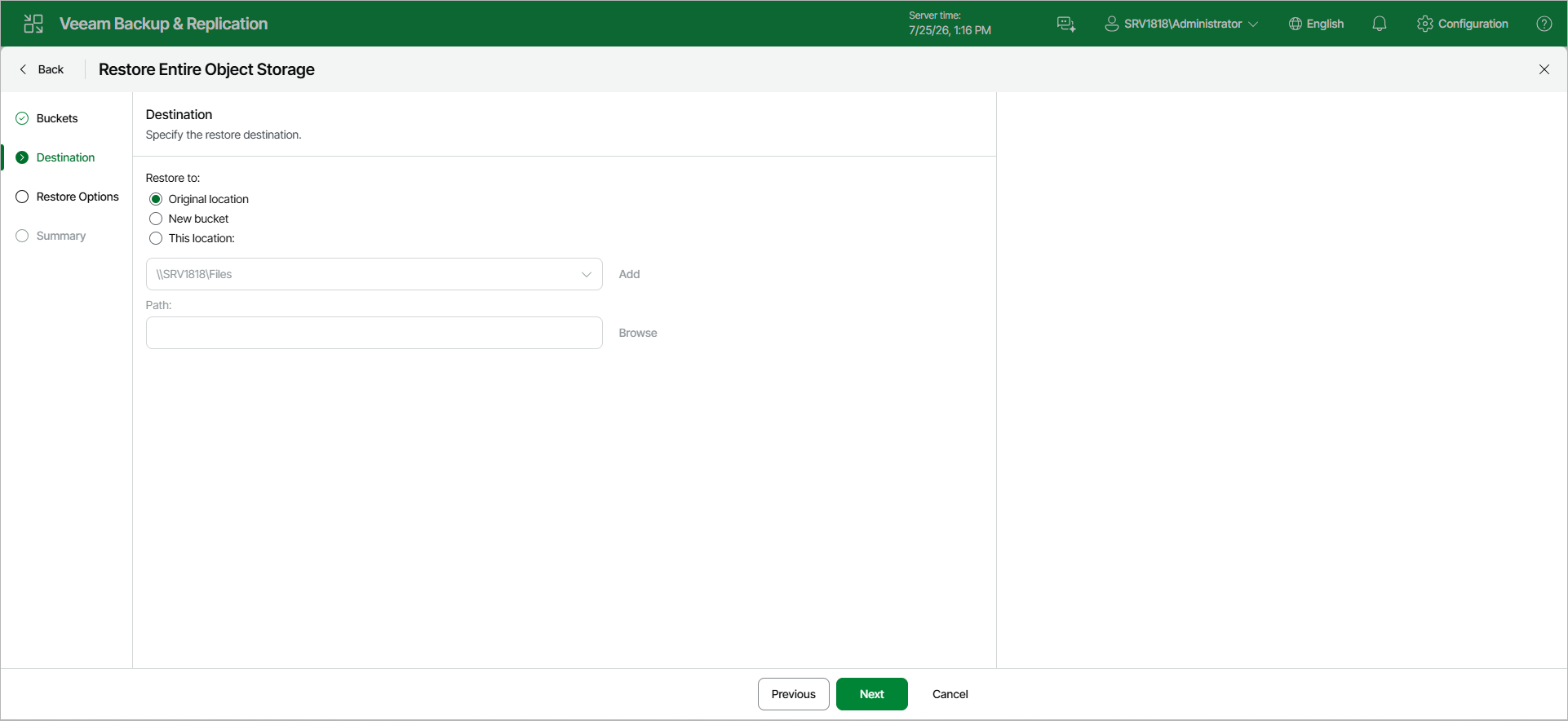 Step 3. Specify Destination for Bucket or Container Restore
