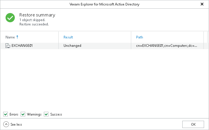 Reviewing Restore Summary Window