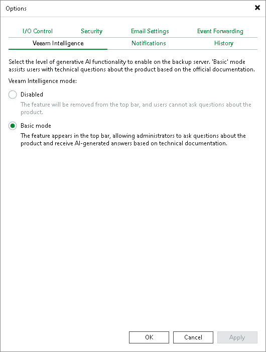 Configuring Veeam Intelligence Settings Using Console