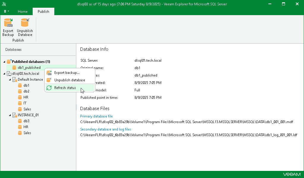 Refreshing Published Database Status