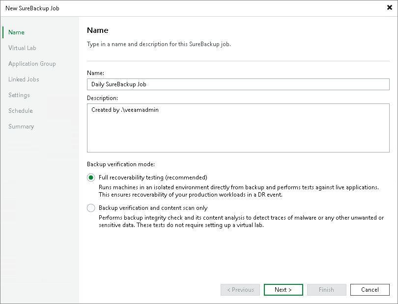 Step 2. Specify Job Name, Description and Verification Mode
