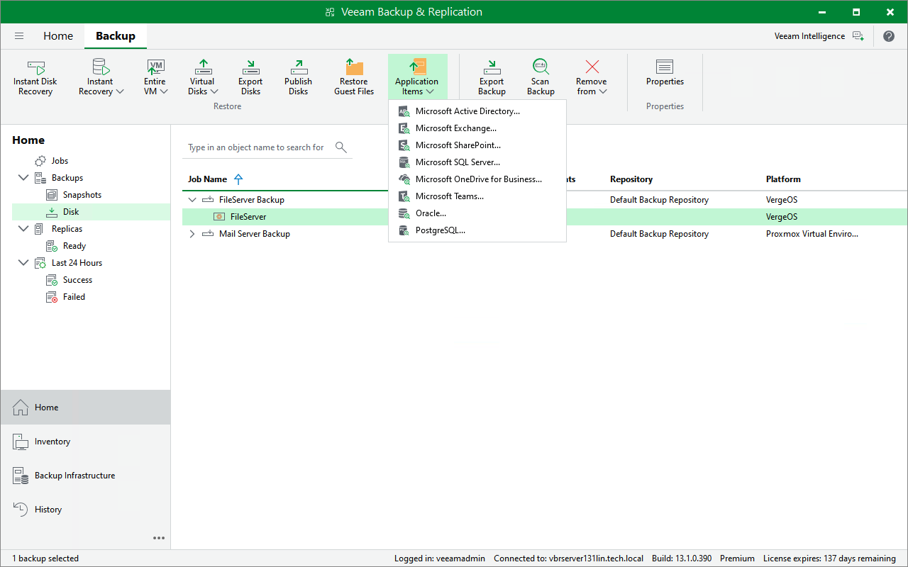 Performing Application Item Restore