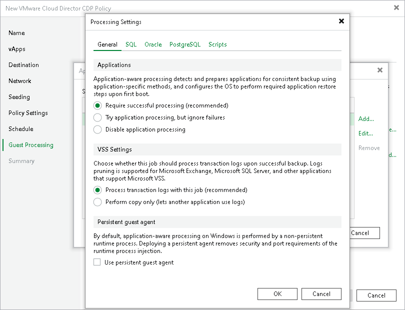 Application-Aware Processing and Transaction Logs