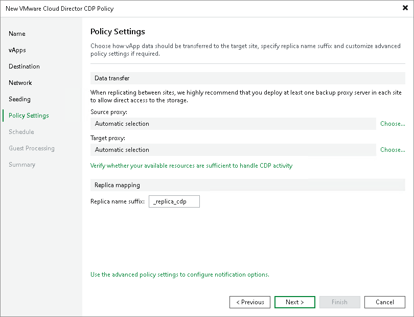 Step 9. Specify Data Transfer and Replica Settings