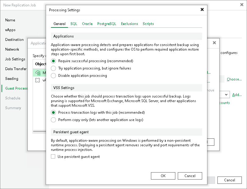 Application-Aware Processing and Transaction Logs