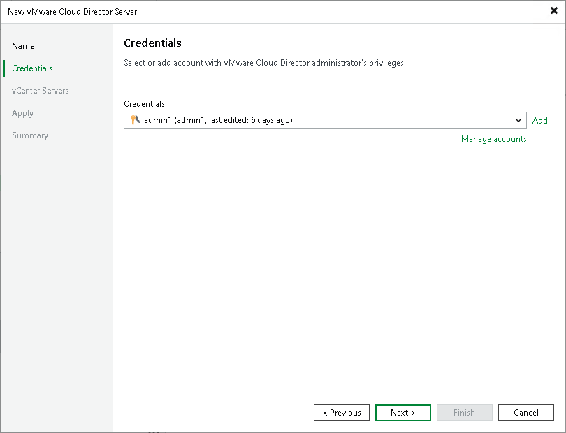 Step 3. Specify VMware Cloud Director Credentials