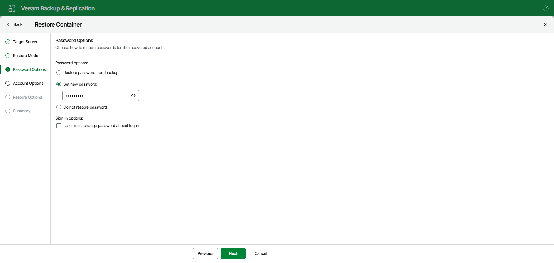 Specifying Password Restore Options