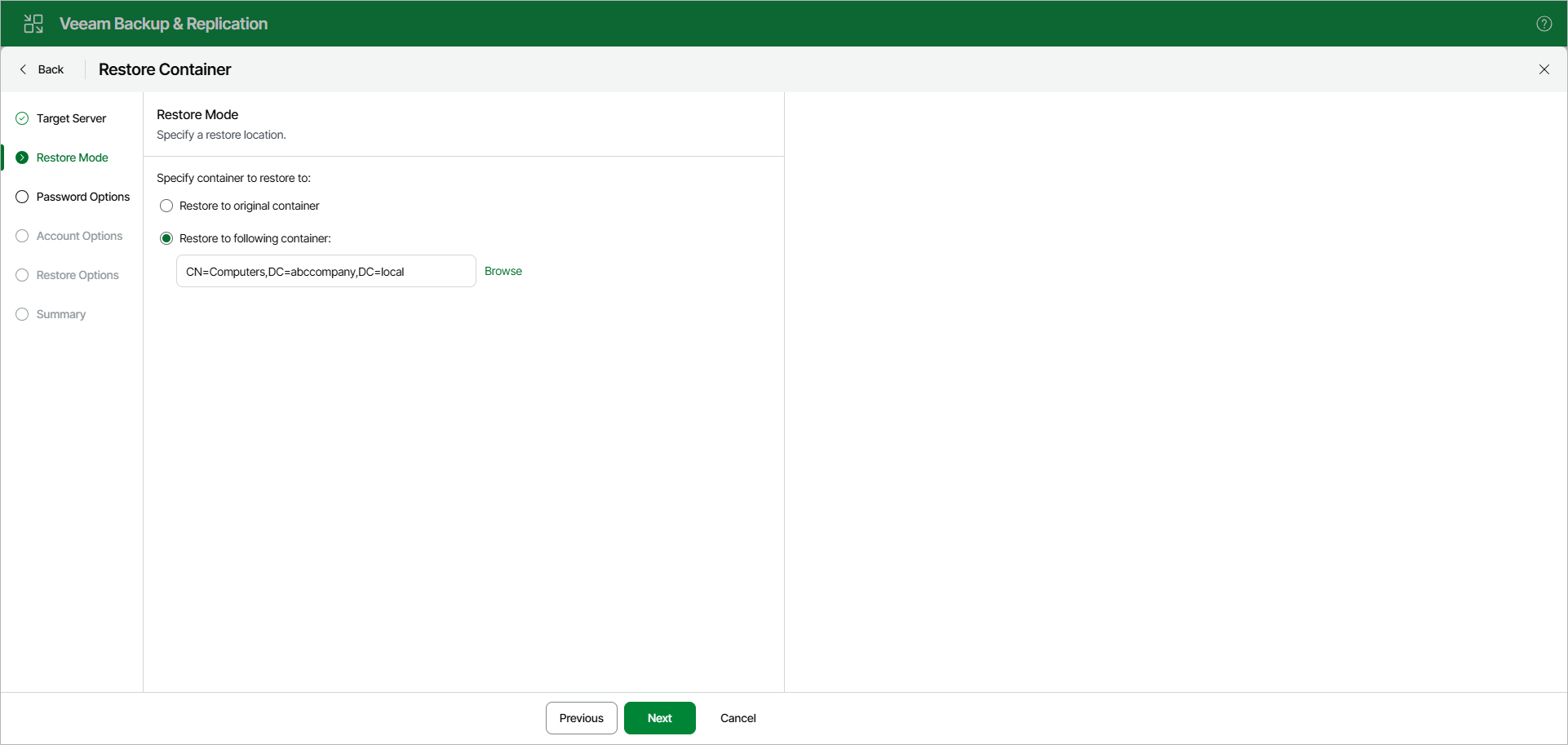 Specifying Restore Location