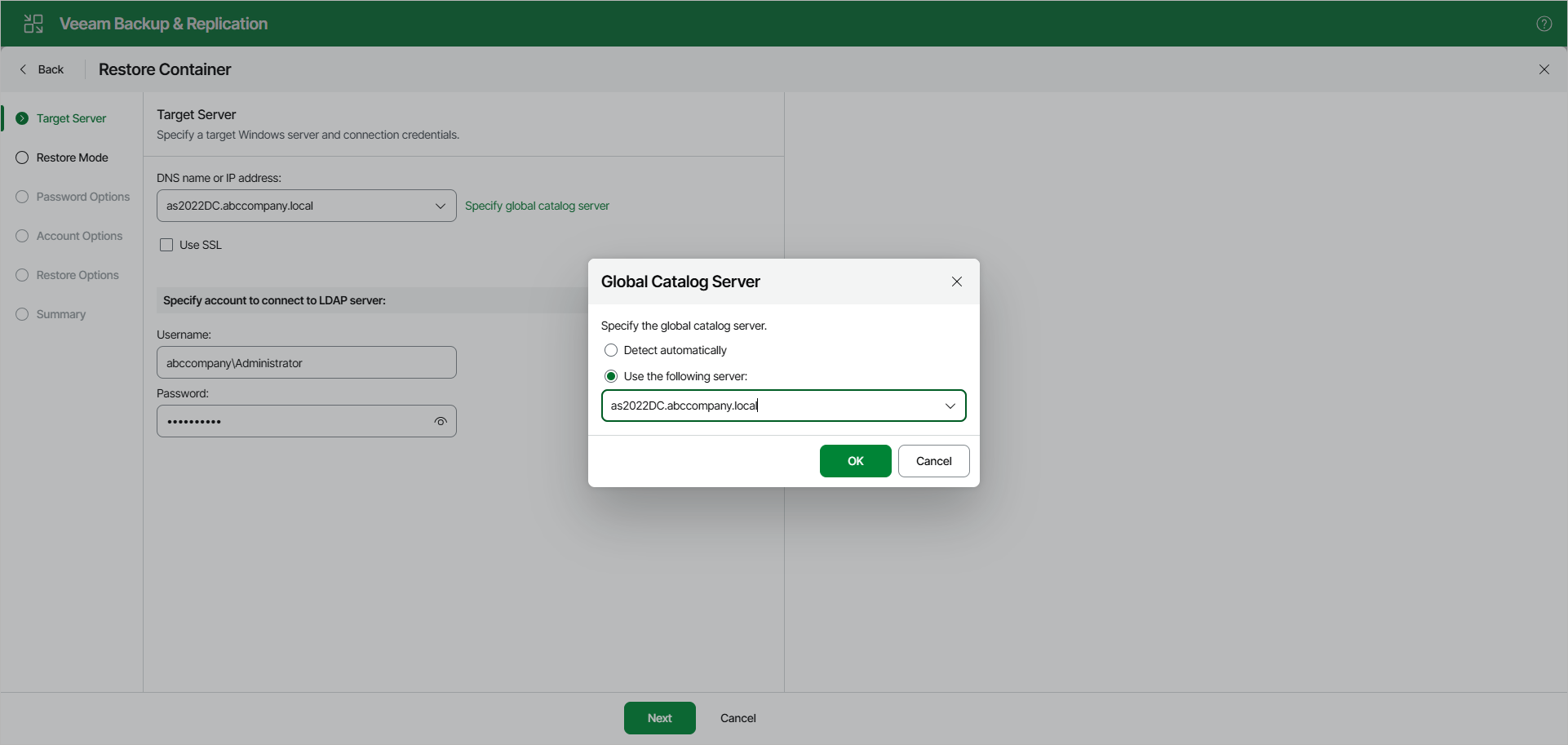 Specifying Global Catalog Server