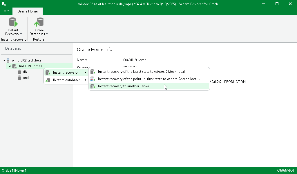 Launching Instant Recovery Wizard