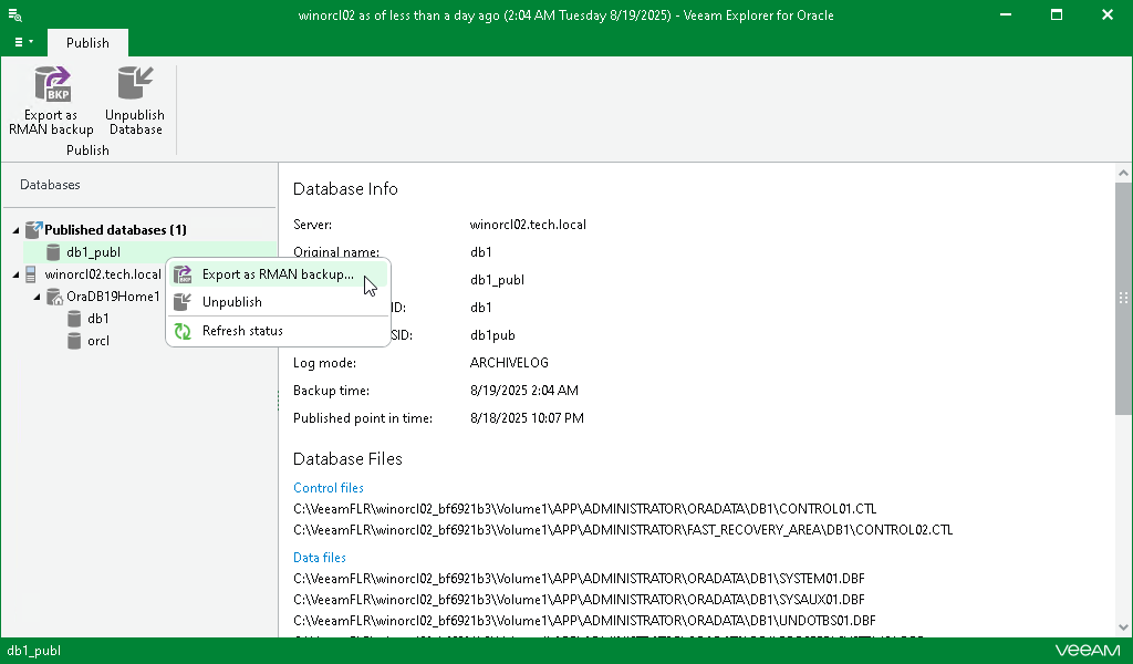 Exporting as RMAN backup