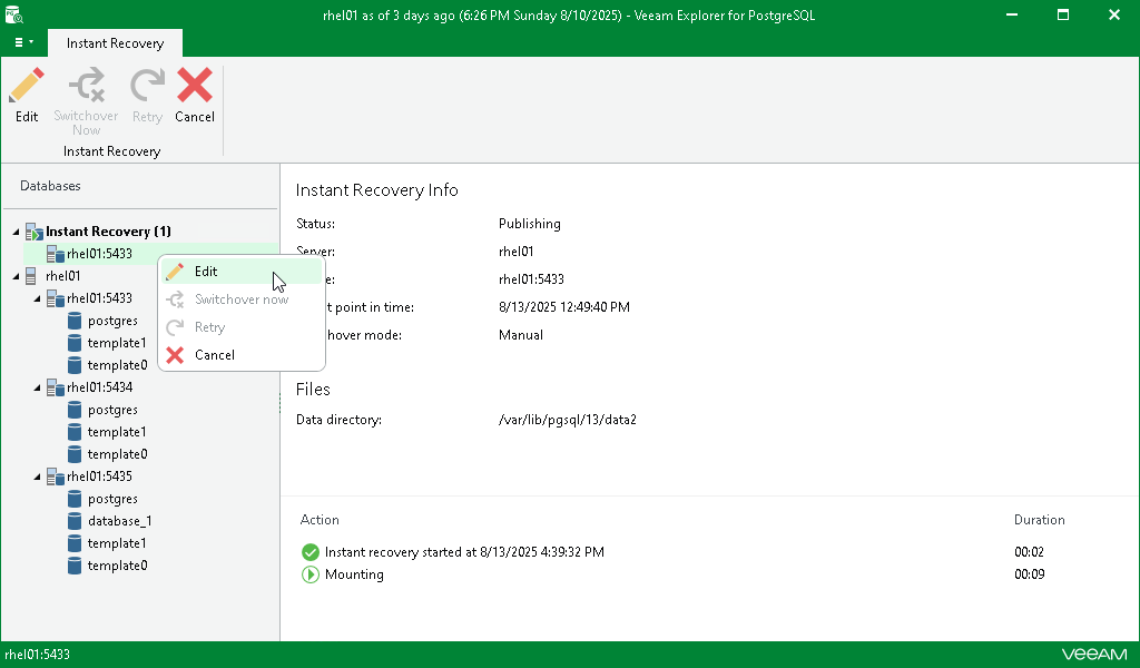 Editing Instant Recovery Settings
