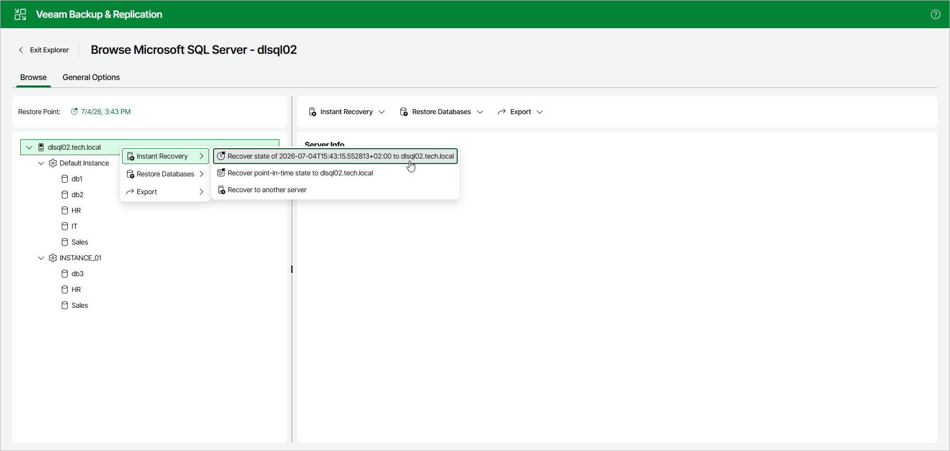 Launching Instant Recovery Wizard