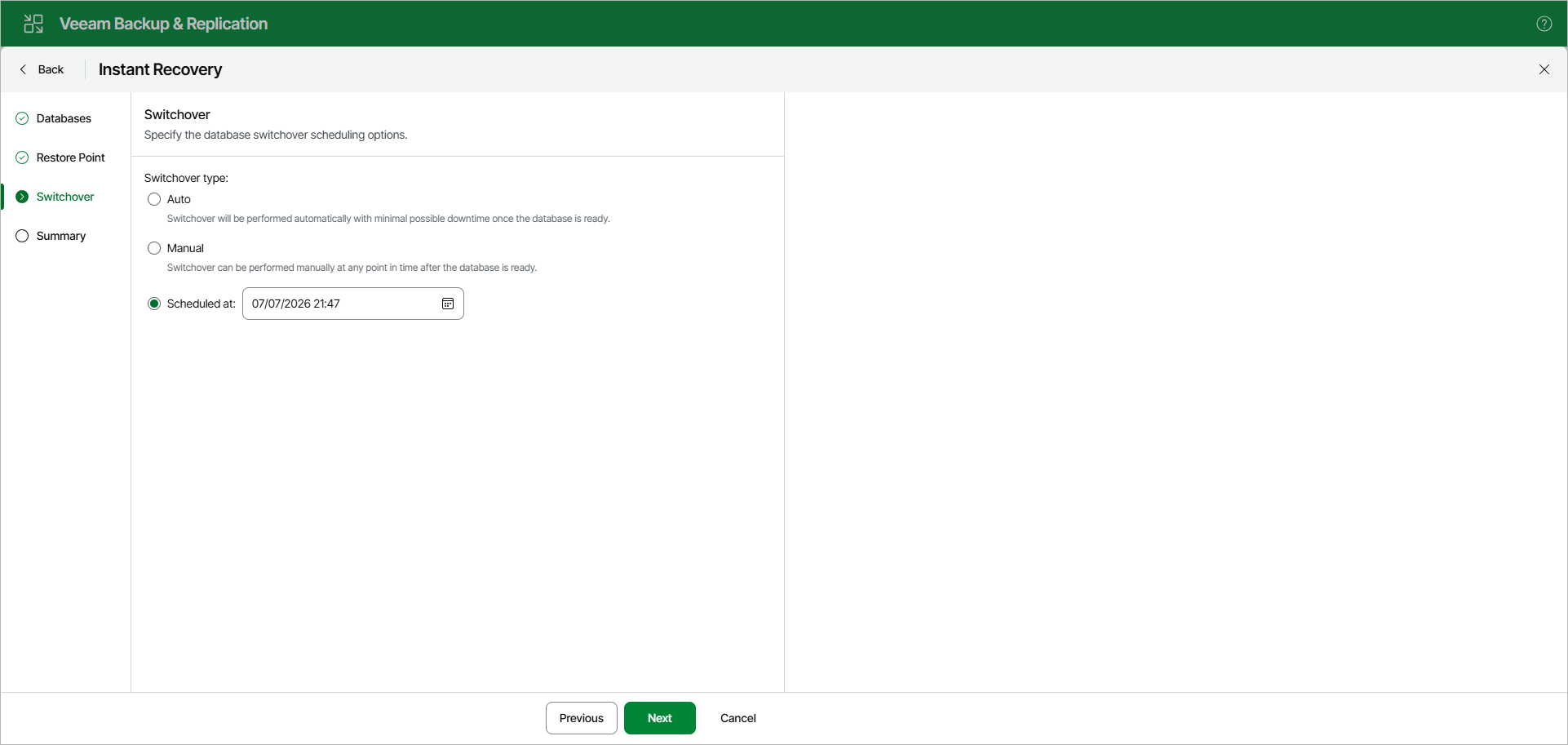 Specifying Database Switchover Scheduling Options