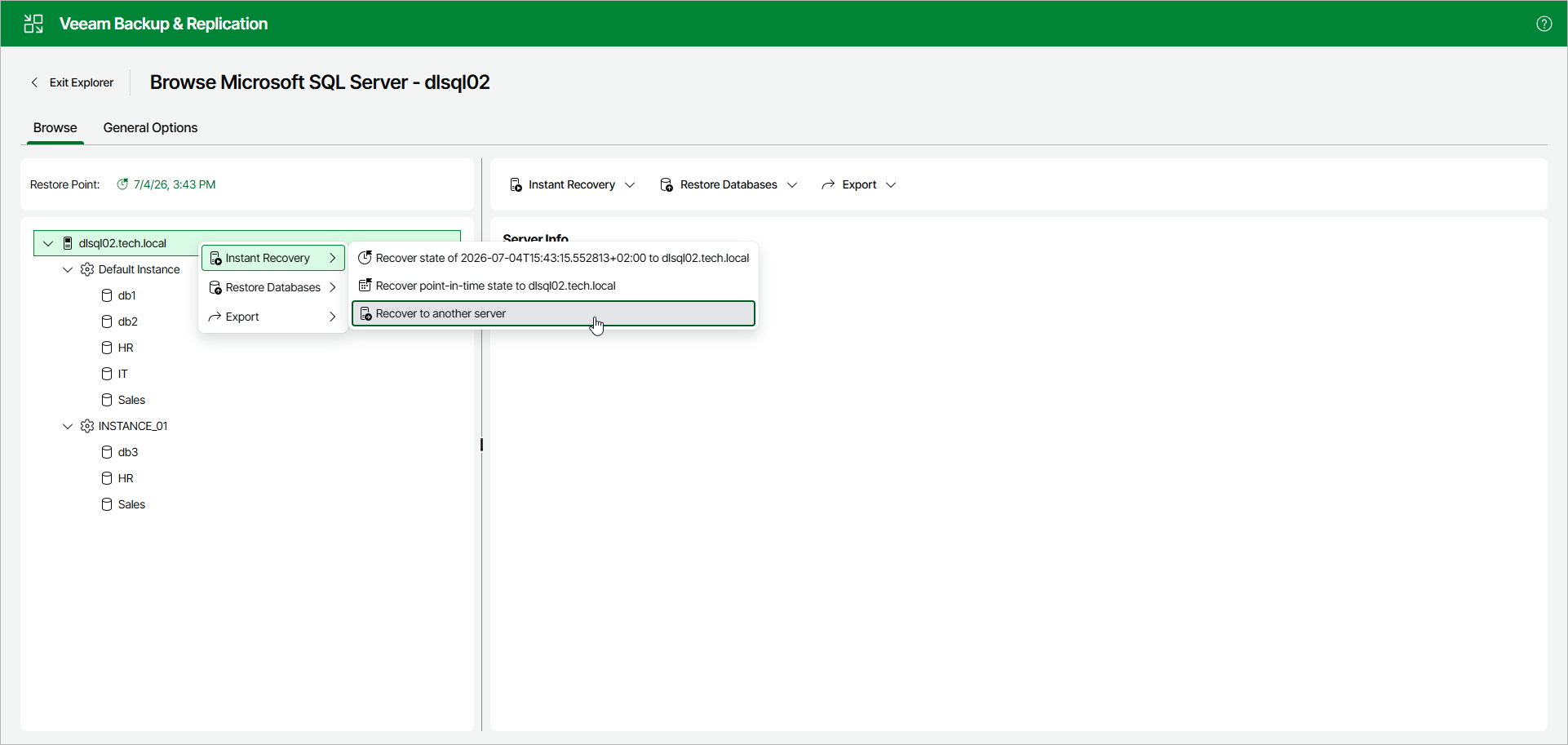 Launching Instant Recovery Wizard