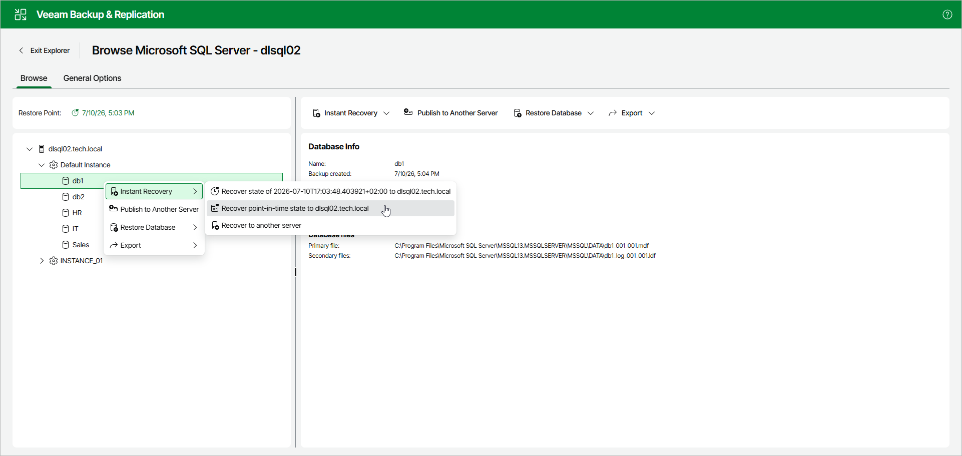 Launching Instant Recovery Wizard