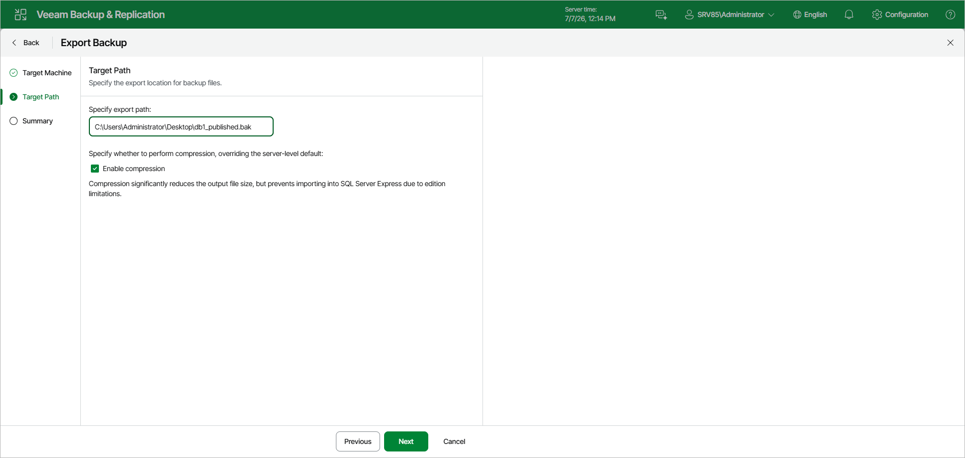 Specifying Database Export Location