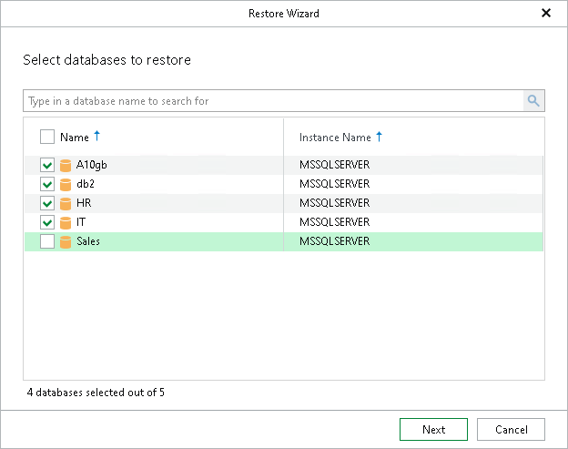 Selecting Databases to Restore Step 2. Select Databases