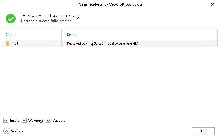 Reviewing Restore Summary Window