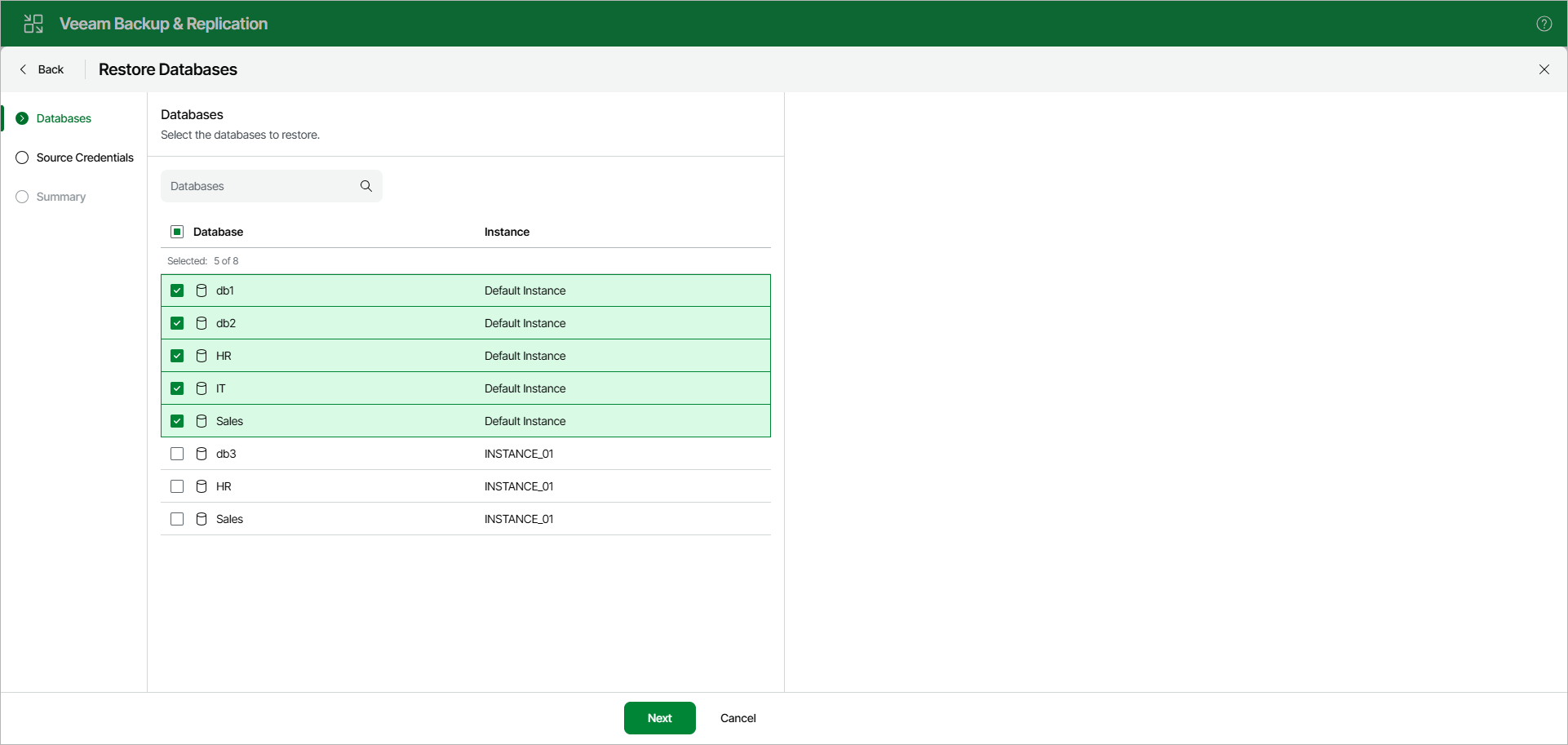 Selecting Databases to Restore