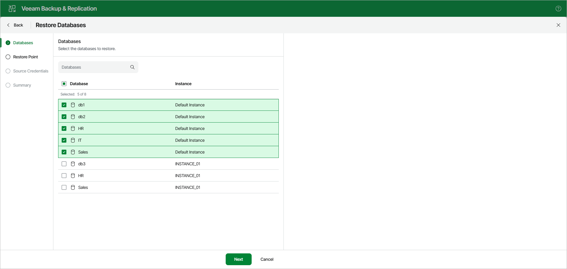 Selecting Databases to Restore