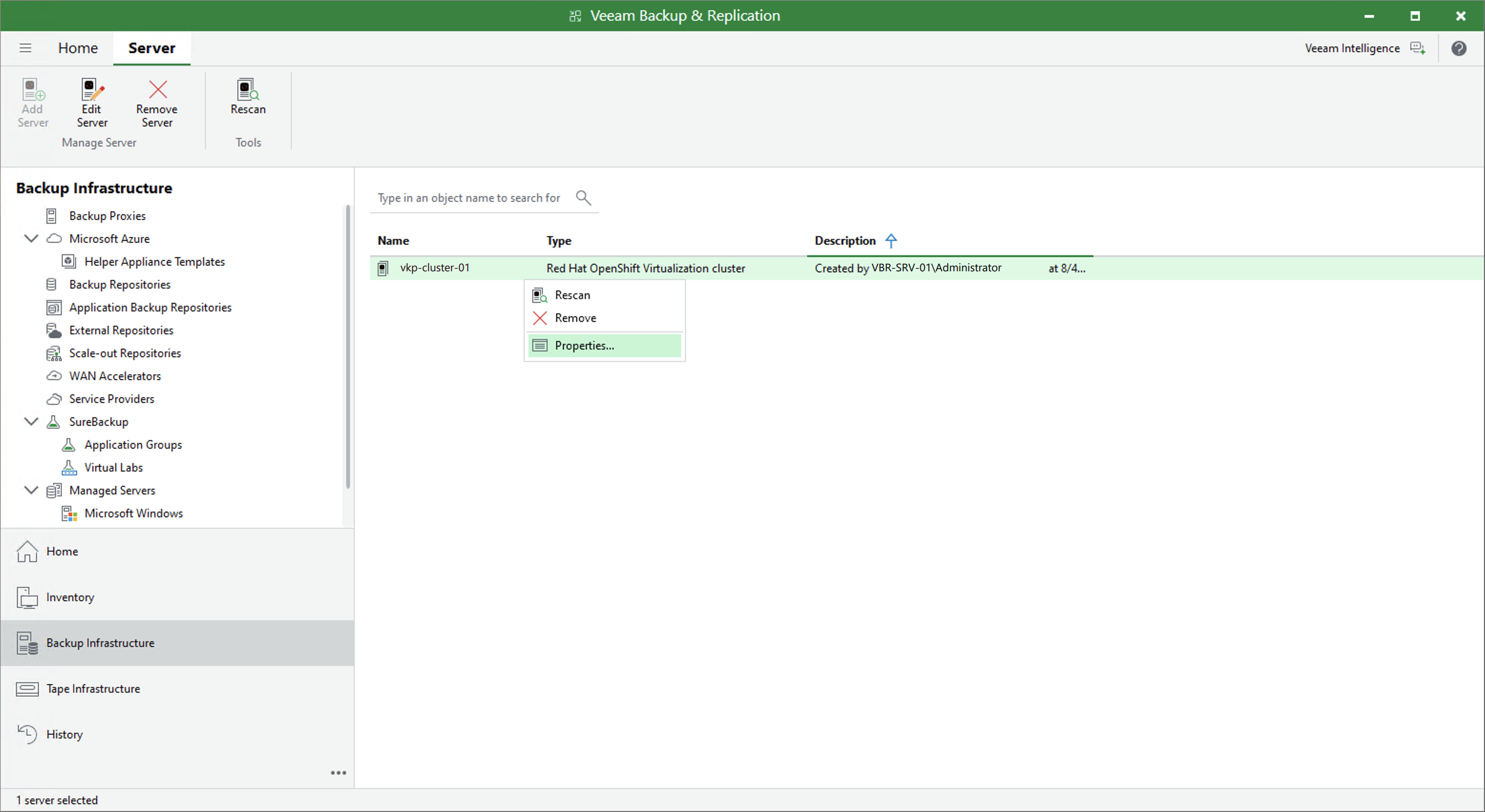 Editing Red Hat OpenShift Virtualization Server Properties