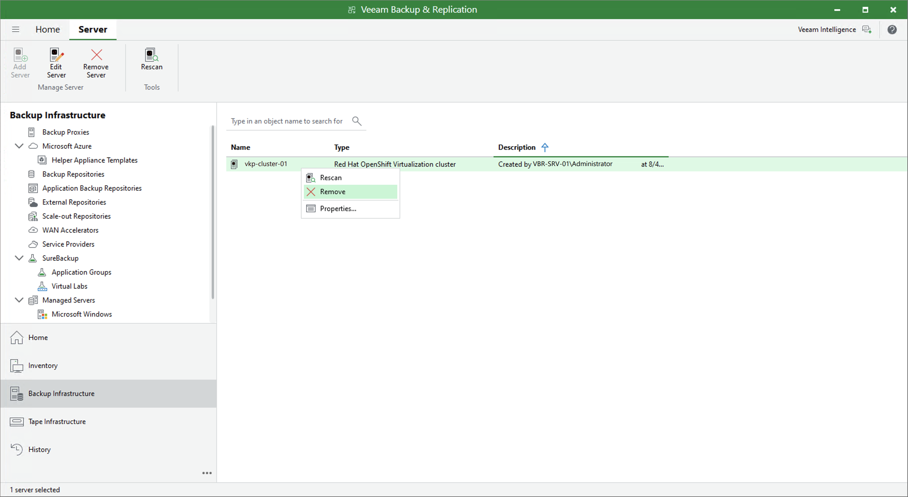 Removing Red Hat OpenShift Virtualization Server