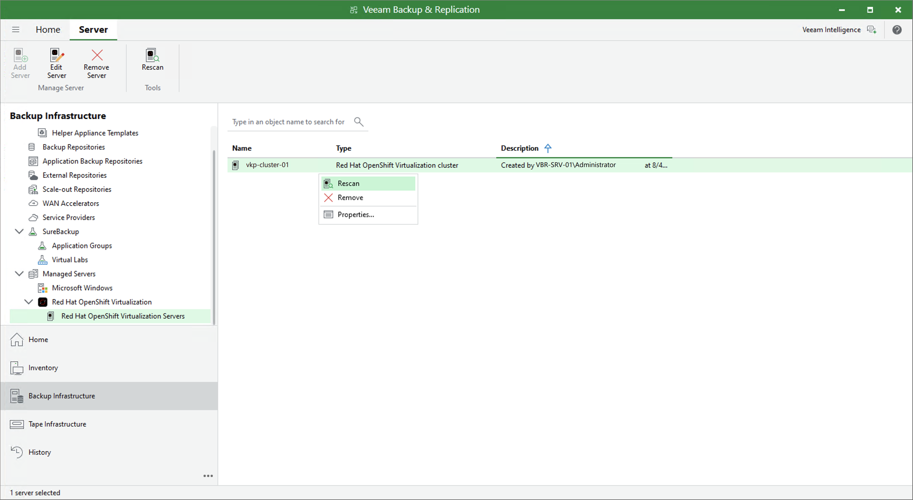 Rescanning Red Hat OpenShift Virtualization Server