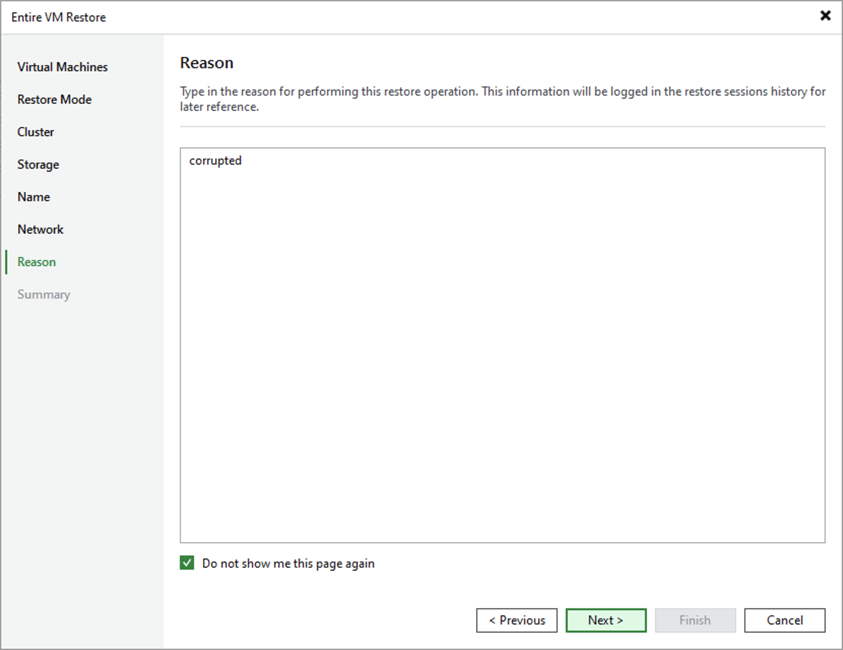 Step 8. Specify Restore Reason