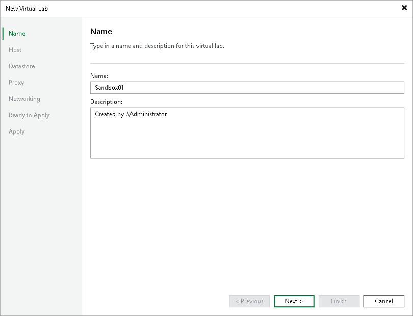 Step 2. Specify Virtual Lab Name and Description