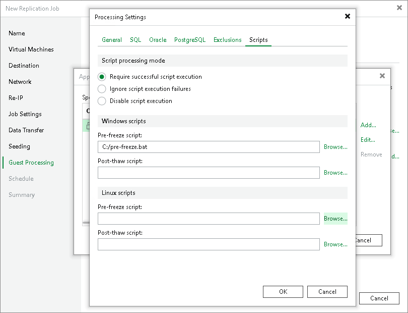 Pre-Freeze and Post-Thaw Script Settings