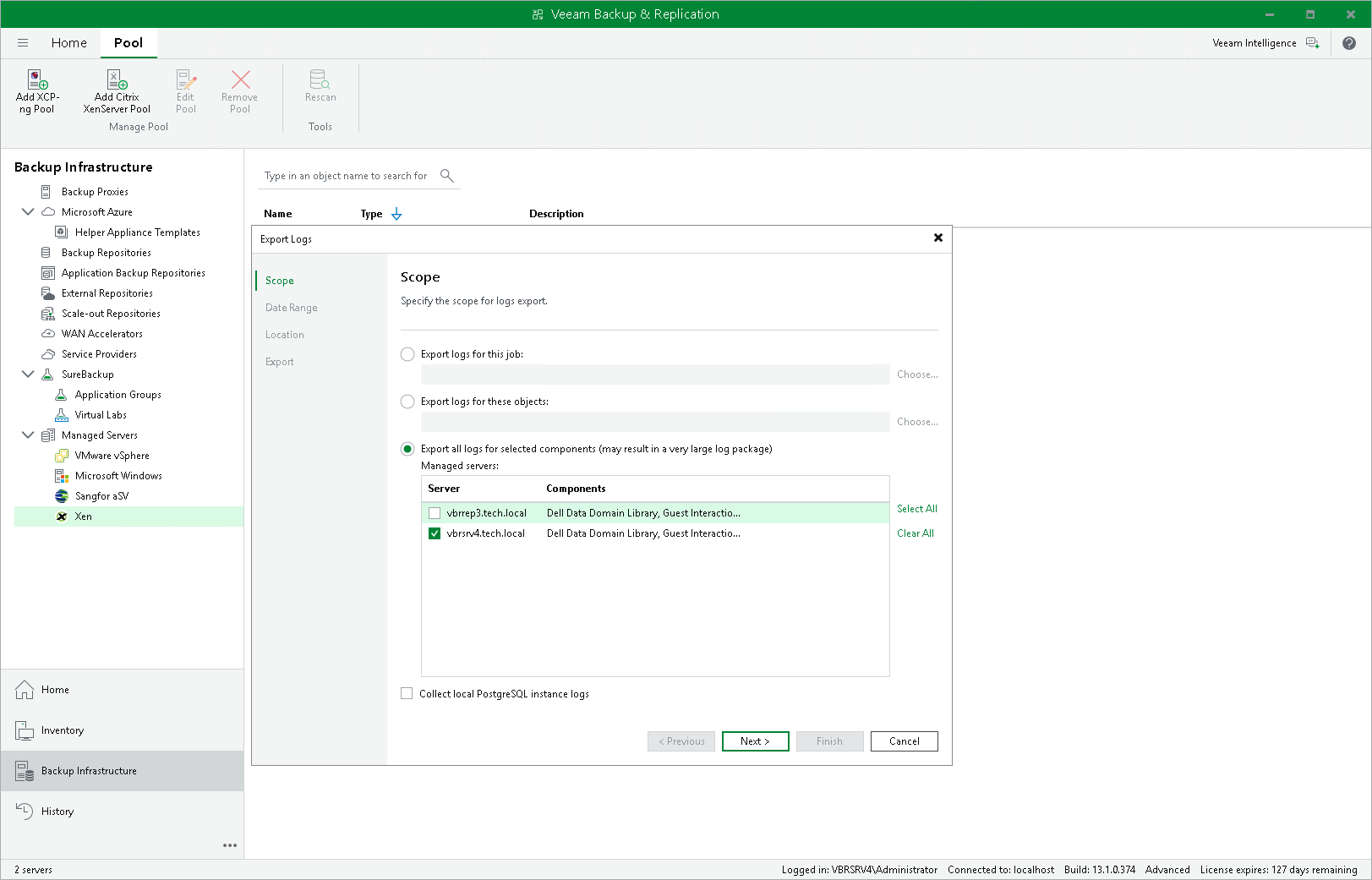 Exporting Logs Using Veeam Backup & Replication Console