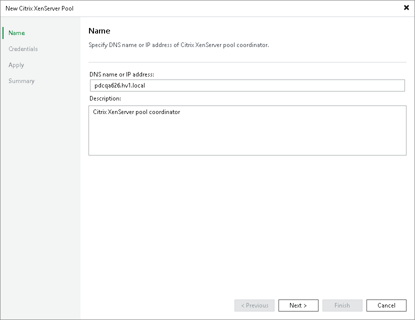 Step 2. Specify Domain Name or IP Address of Citrix XenServer Pool Coordinator