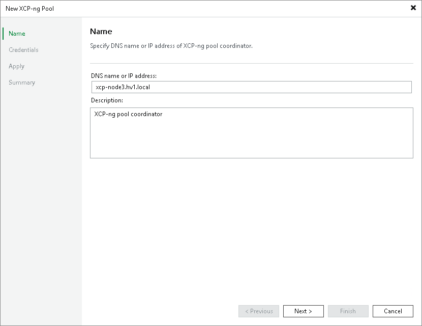 Step 2. Specify Domain Name or IP Address of XCP-ng Pool Coordinator