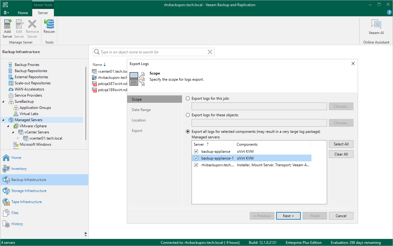 Exporting Logs in Veeam Backup & Replication Console