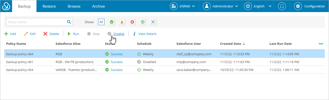 Disabling Backup Policy