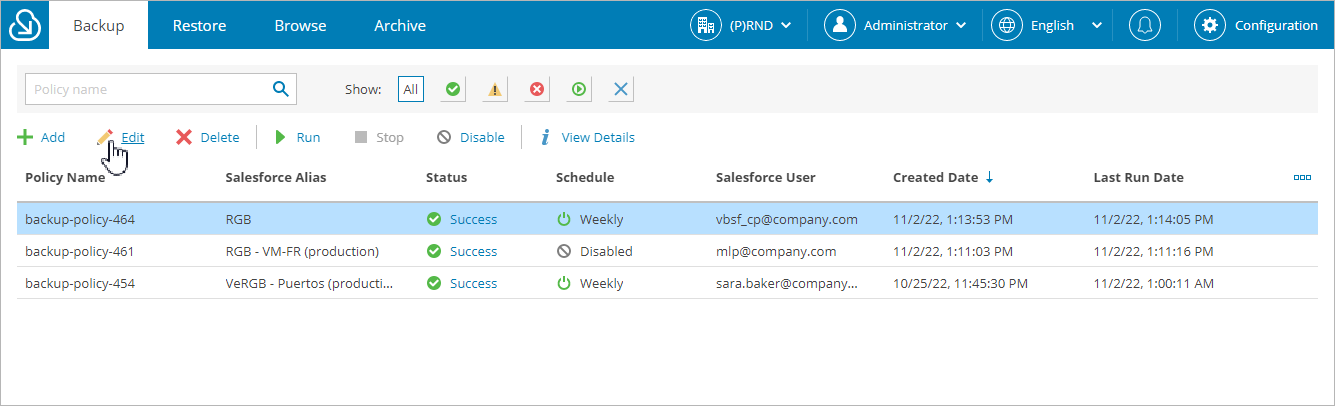 Editing Backup Policy