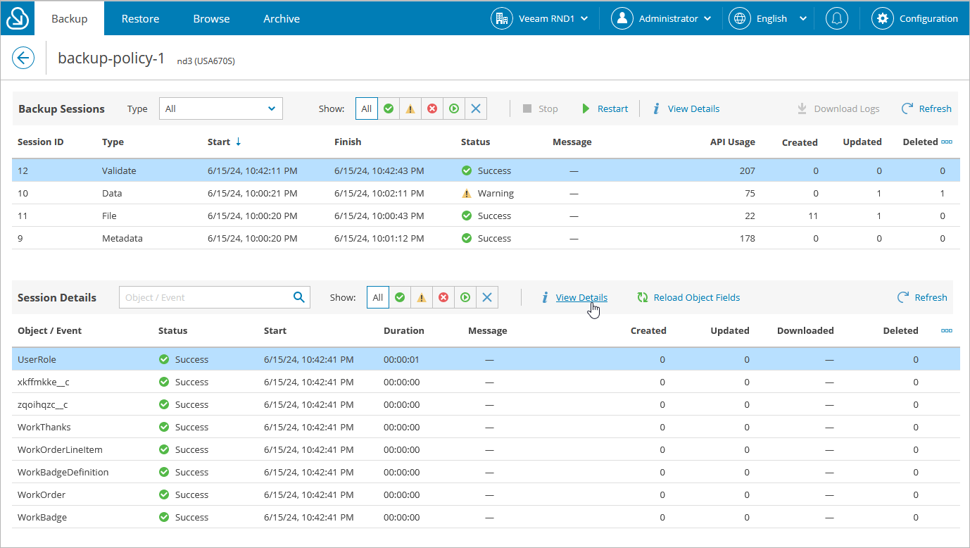 Viewing Backup Policy Sessions