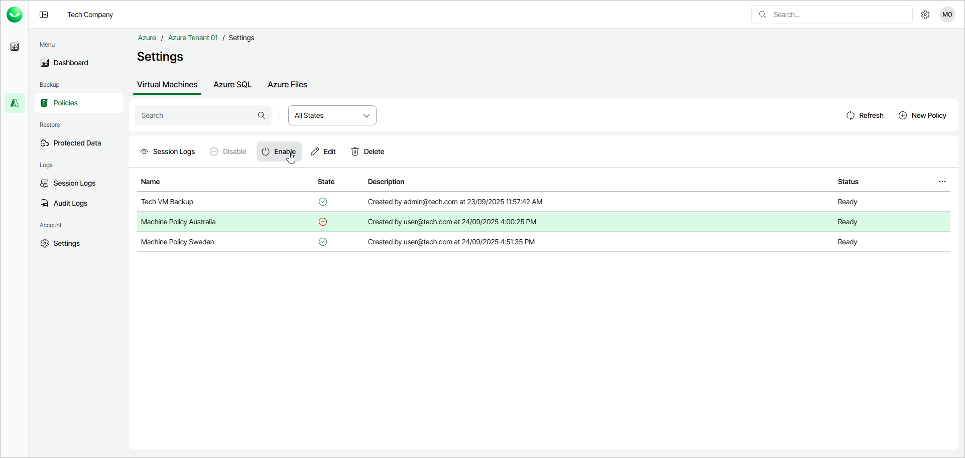 Enable Backup Policy
