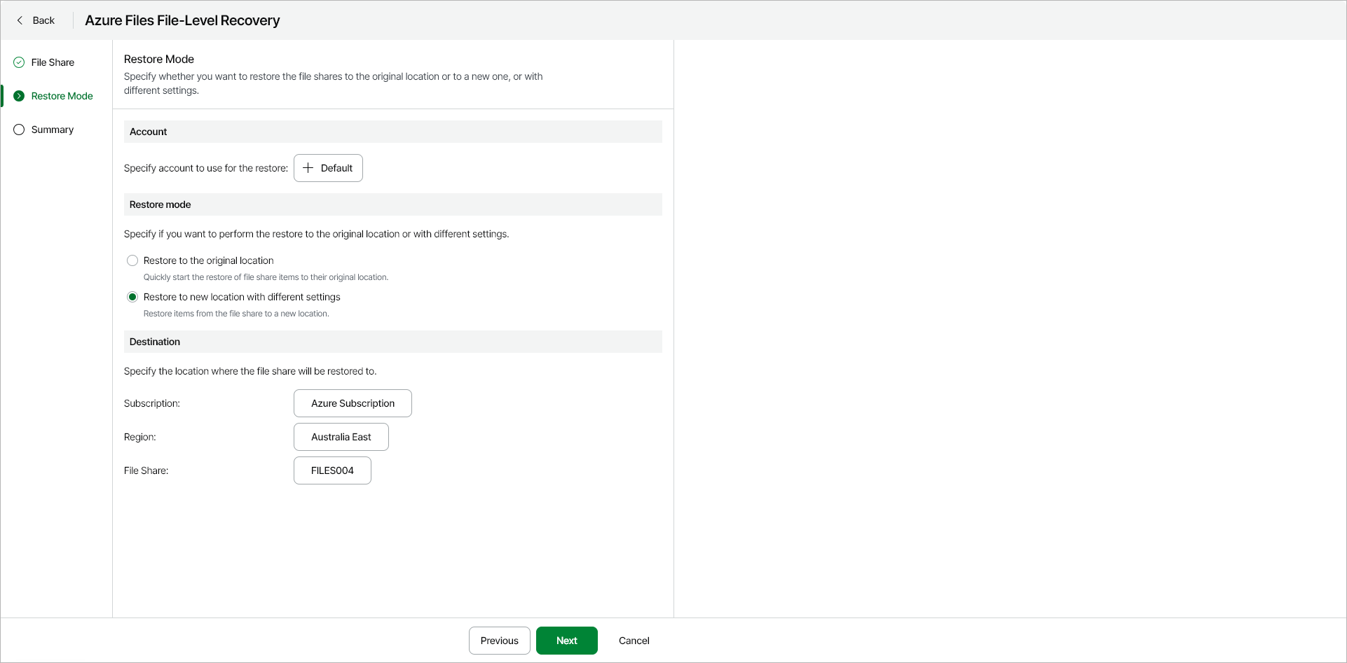 Step 3. Specify Account and Restore Mode