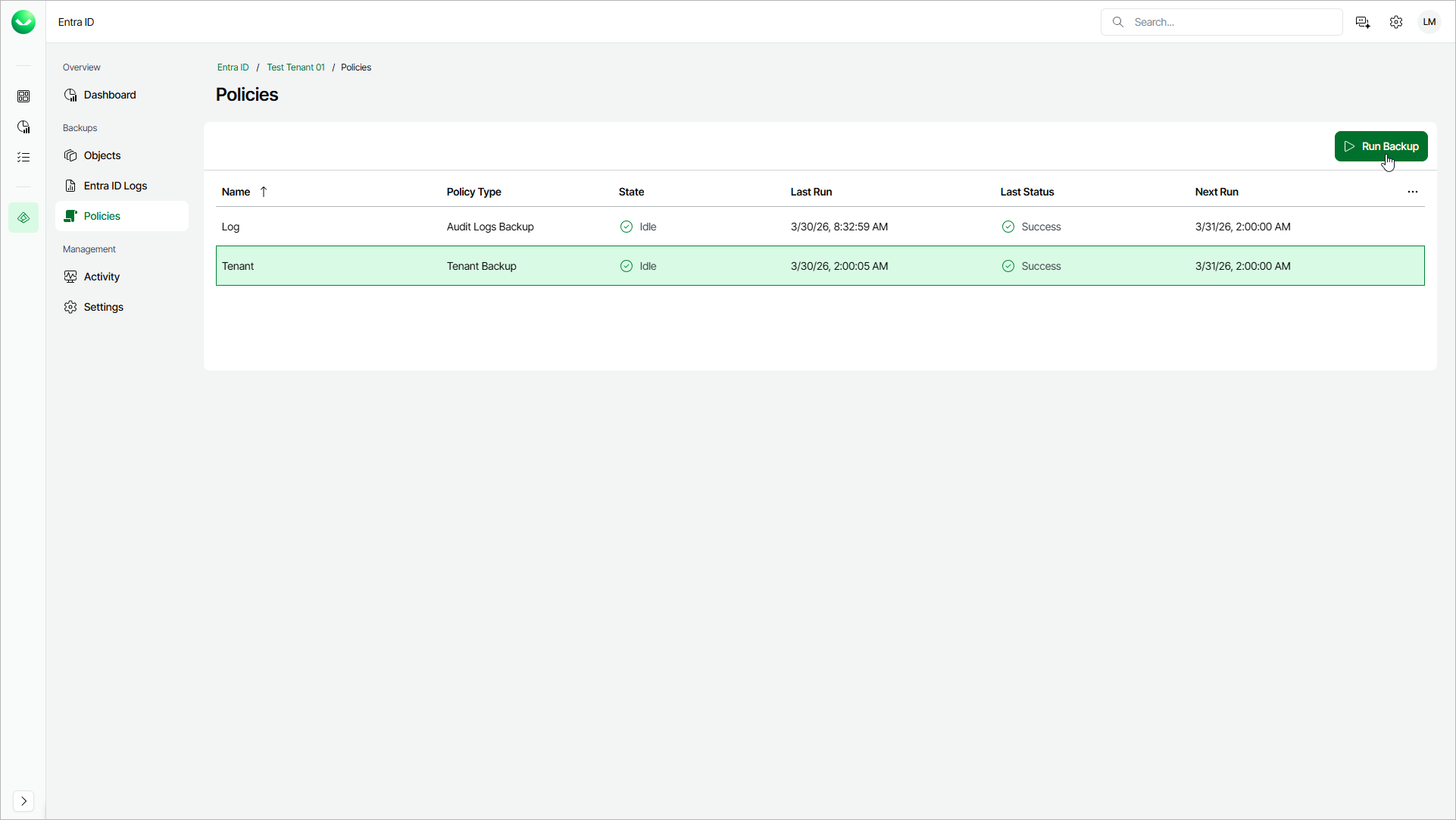 Viewing Backup Sessions